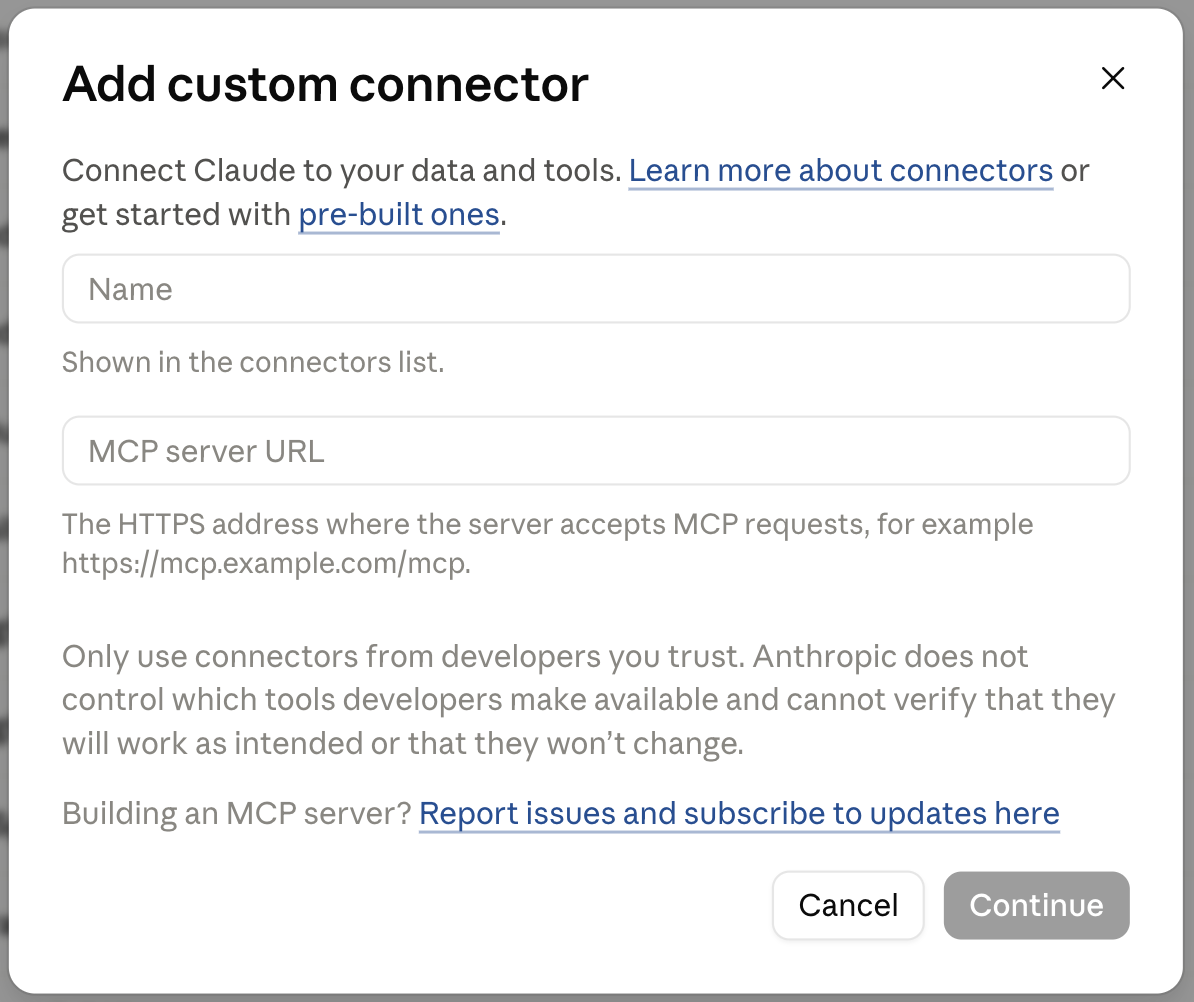 The Add custom connector dialog in Claude