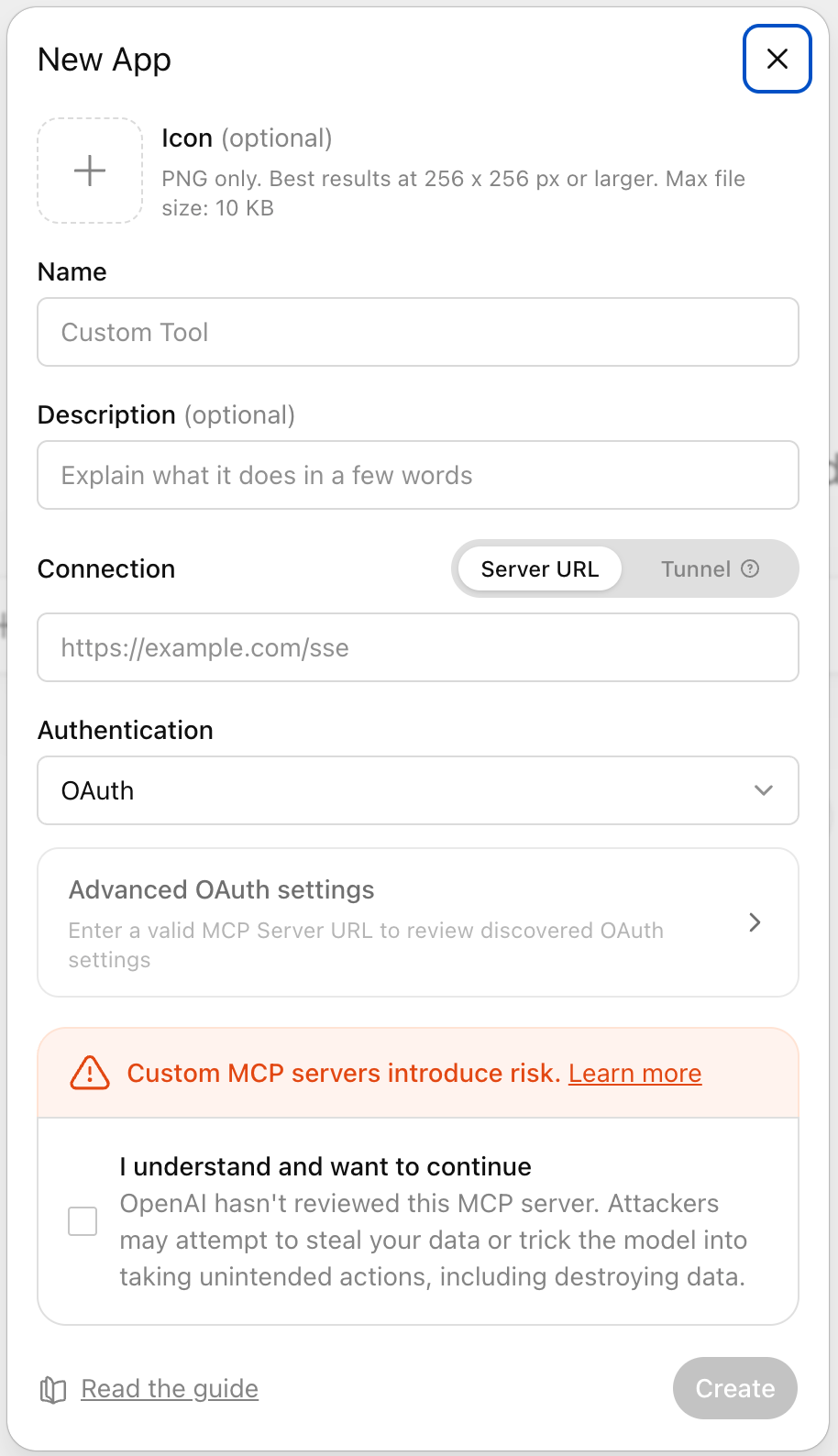 Creating the connector in ChatGPT (New App dialog)