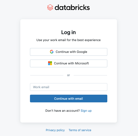 Databricks login screen — use the work email path